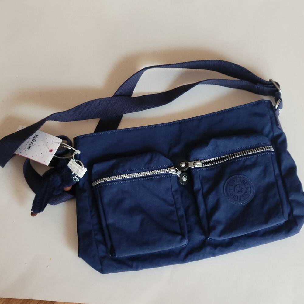 Kipling Sidney Nylon Crossbody Bag Ink Blue Tonal w/ Coralie Monkey Charm New